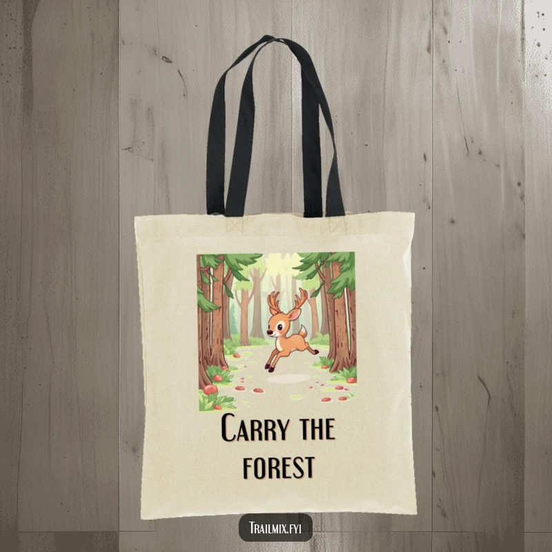 Funny deer tote bag, energetically bounding through a forest clearing, ideal for carrying supplies with a touch of wild grace.