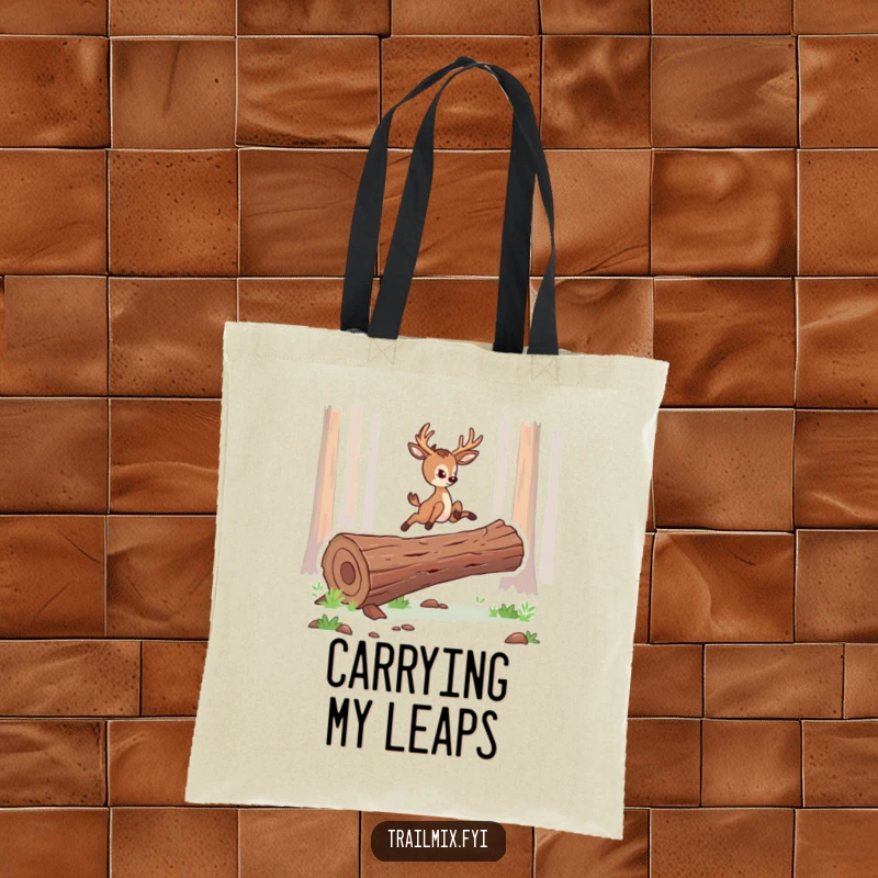 Funny tote bag with a determined deer character leaping gracefully over a log, representing freedom and nature's beauty.