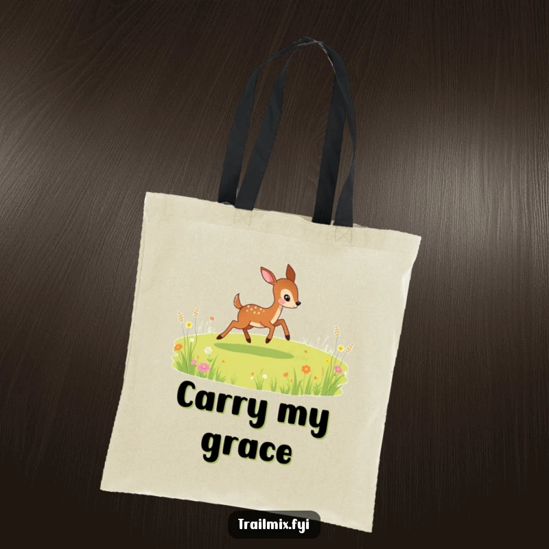 Funny tote bag featuring a playful deer bounding energetically through a meadow, perfect for nature lovers.