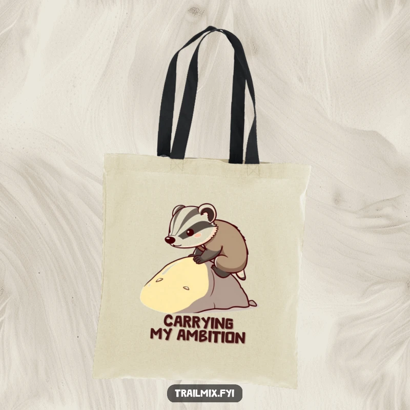 Funny determined badger tote bag, depicted climbing a slope with unwavering focus. A humorous and practical bag.