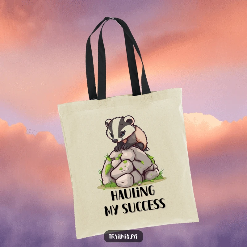 Funny tote bag shows a tenacious badger ascending a small mossy boulder, a humorous symbol of strength and perseverance.