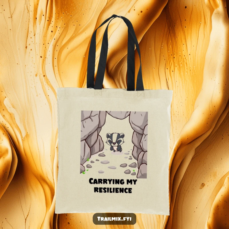 Funny tote bag featuring a determined badger character forging ahead on a rocky path, combining practicality with motivational spirit.