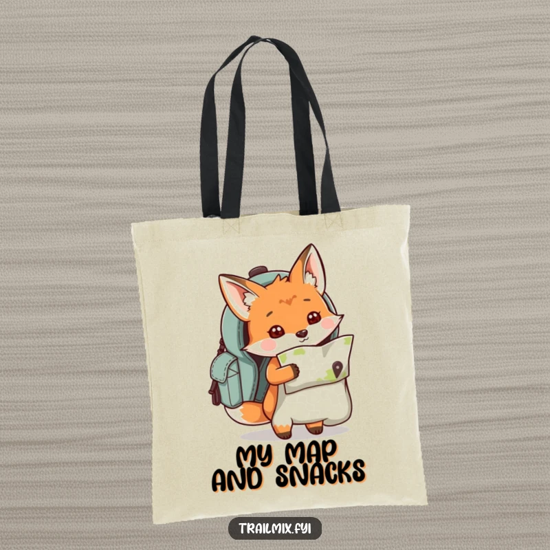 Funny curious fox character peeking out of a backpack holding a map, printed on a practical tote bag.