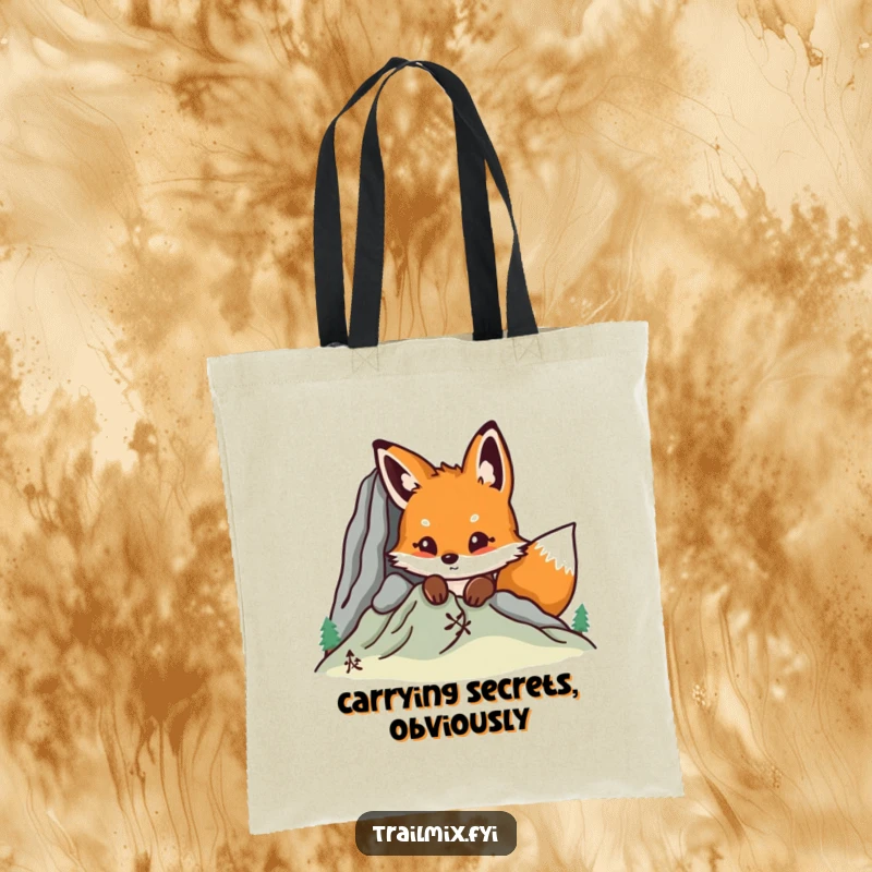 Funny fox peeking from behind a mountain, humorous tote bag for carrying essentials with a touch of playful curiosity.