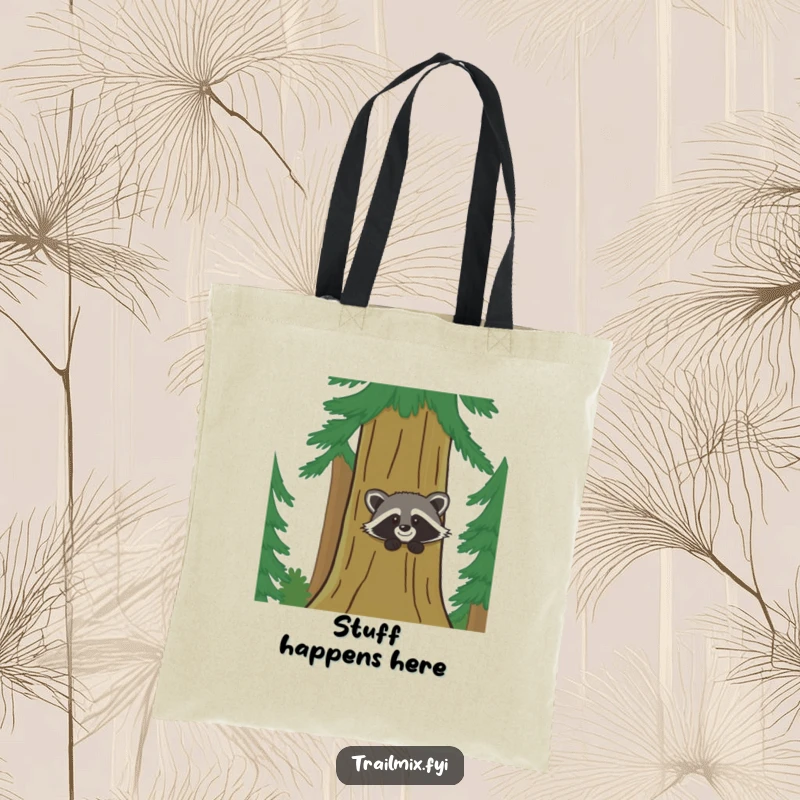 Funny tote bag depicts a happy raccoon peeking from a pine tree, perfect for carrying essentials with a humorous touch.