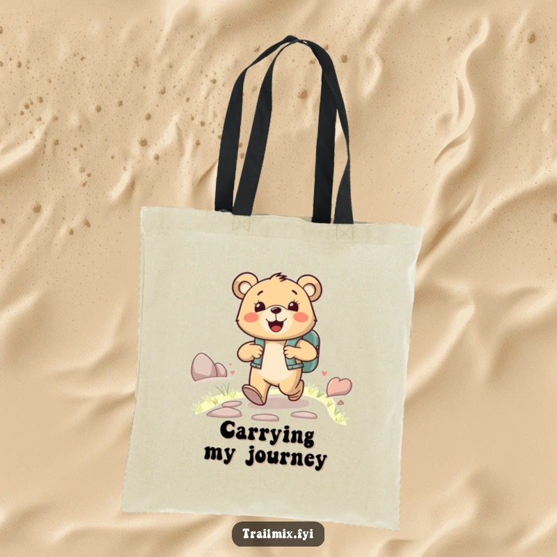 Funny happy bear character wearing a backpack, joyfully striding up a path, on a stylish and funny tote bag.
