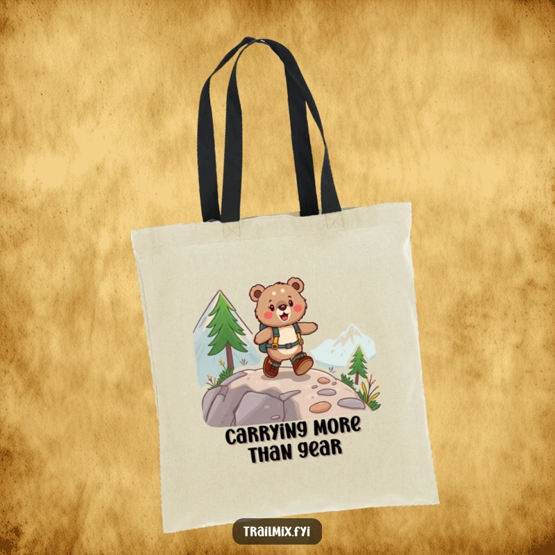 Funny tote bag illustrating a fuzzy bear in hiking boots joyfully skipping up a mountain path, ready for errands or adventures.