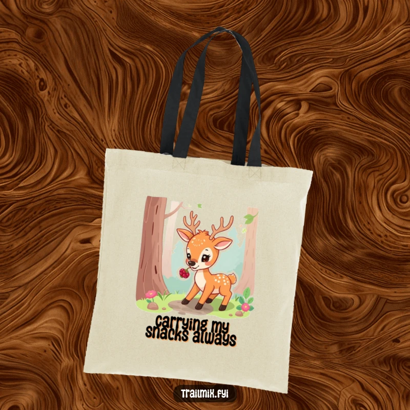 Funny tote bag showing a playful deer pausing on a forest path, nibbling a berry roadside, ready for your items.