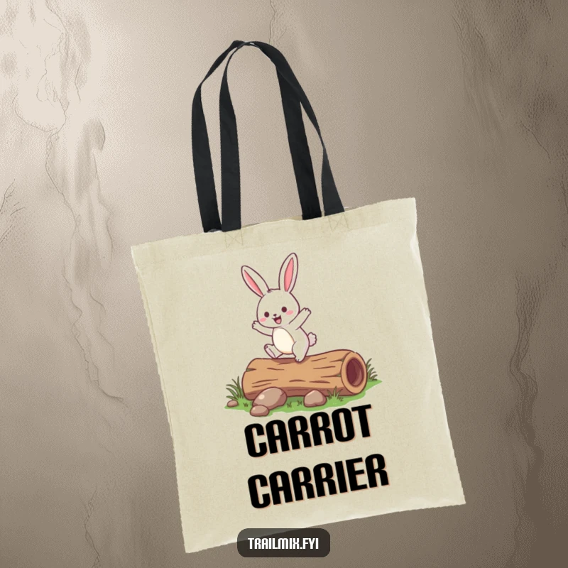 Funny rabbit tote bag depicting a jovial rabbit hopping over a small fallen log, perfect for carrying your daily joys.