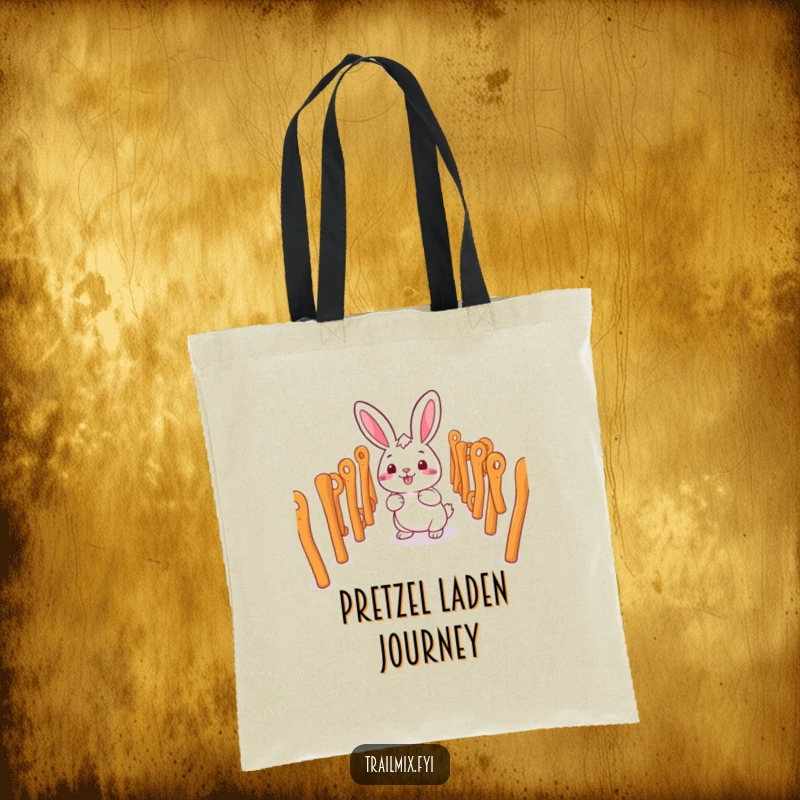 Funny smiling rabbit character happily navigating a maze of pretzel sticks on a tote bag.
