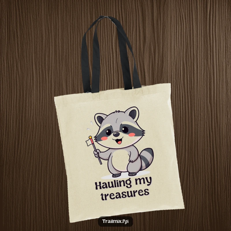 Funny tote bag with a cheerful raccoon waving a tiny flag, excellent for carrying items and spreading funny party vibes.