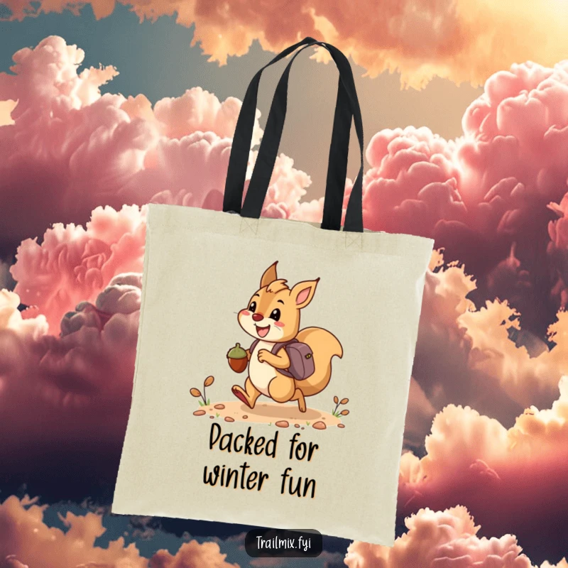 Funny tote bag showing a happy squirrel bounding along a trail, carrying acorns like tiny backpacks, ready for your items.