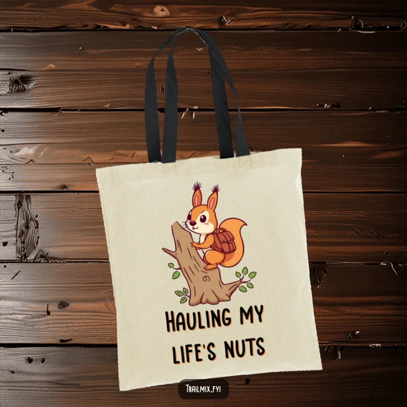 Funny determined squirrel with a backpack climbing a tree on a tote bag, for carrying essentials humorously.