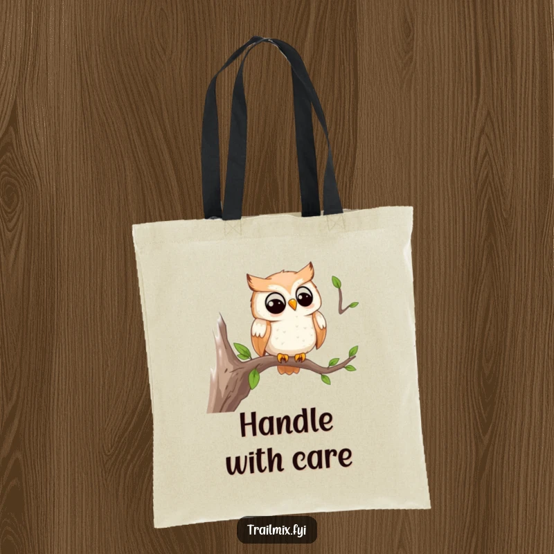 Funny tote bag with a smiling owl perched on a branch, observing the trail, a humorous and practical accessory.