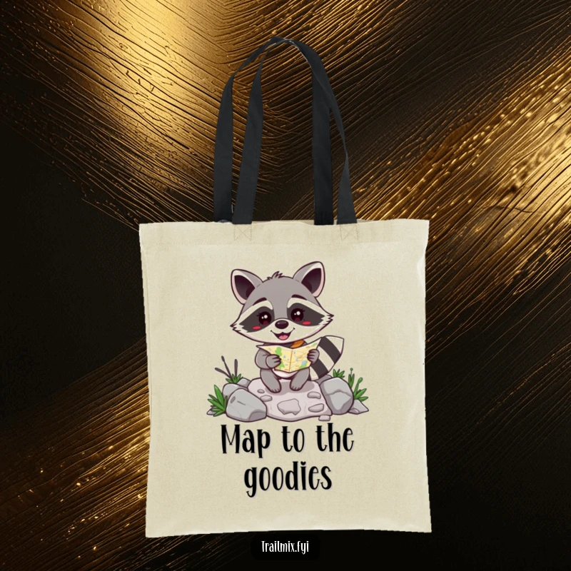 Funny happy raccoon with a map navigating a rocky path on a tote bag, for carrying essentials humorously.