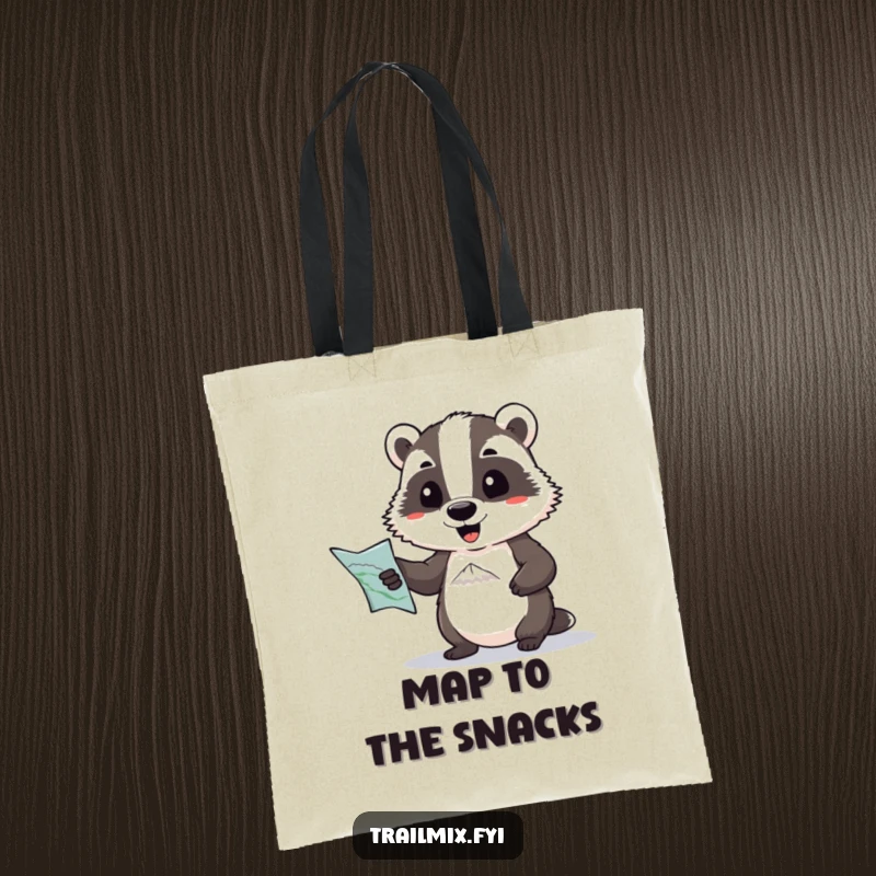 Funny tote bag: a determined badger with a map comically pointing towards a distant peak, perfect for carrying adventure essentials.