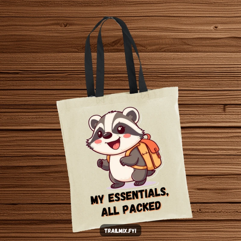 Funny tote bag showcasing a smiling cartoon badger enthusiastically carrying a small knapsack, ready for any trip.