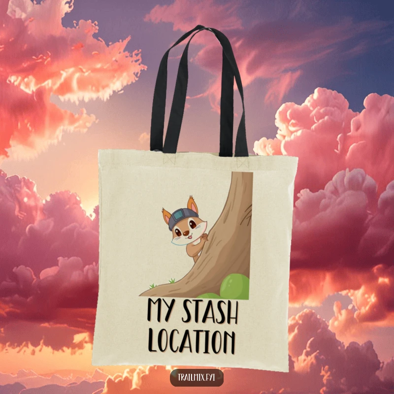 Funny Squirrel Tote Bag: Tote bag with a curious squirrel wearing a headlamp, excitedly peeking around a large tree, ready for exploration.