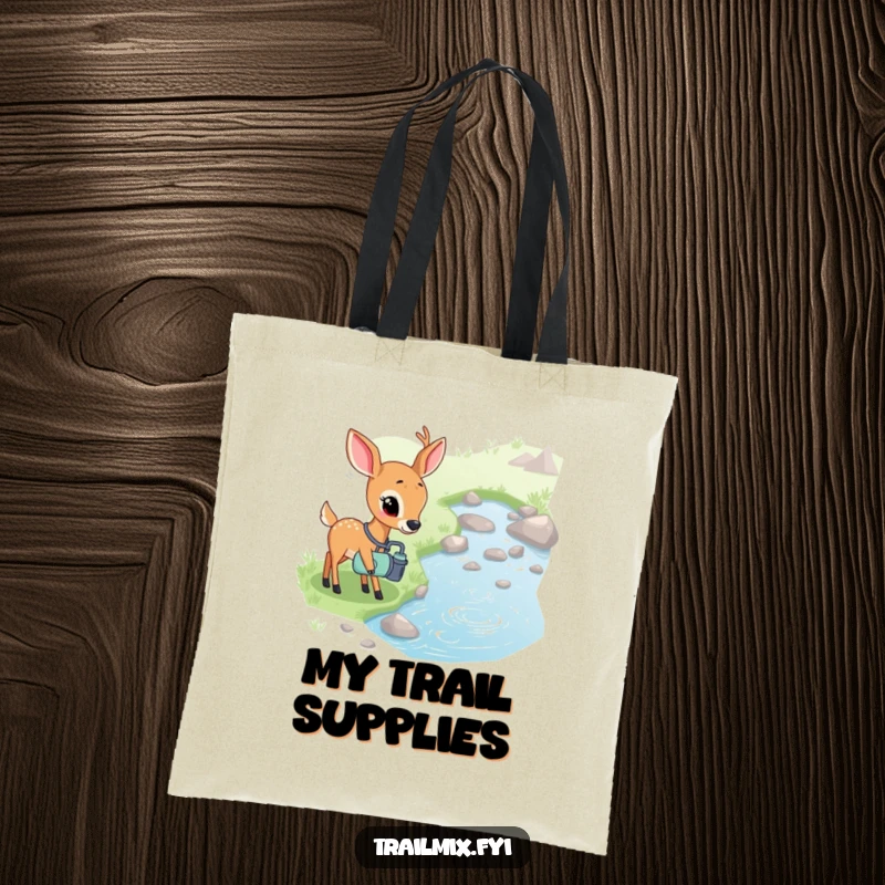 Funny tote bag of a shy deer with a canteen curiously observing a bubbling stream, perfect for carrying nature essentials.