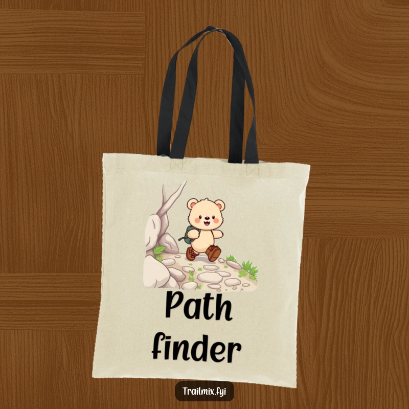 Funny bear cub tote bag, happily skipping in hiking boots along a rocky trail, ideal for carrying essentials with glee.