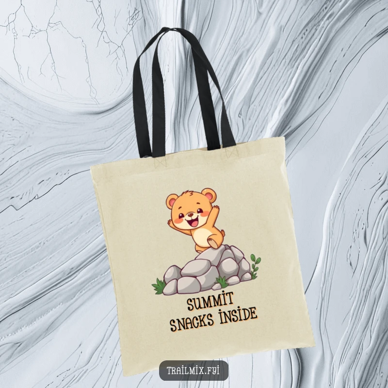 Funny bear cub tote bag showing a cheerful character enthusiastically climbing a rocky trail, ideal for carrying essentials on adventures.